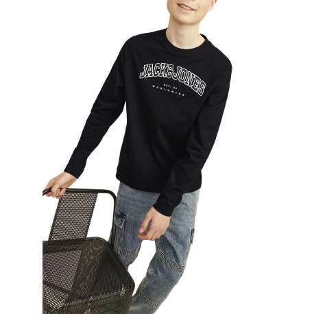 T-shirt manches longues en coton noir uni avec une coupe droite et un col rond - Image 5