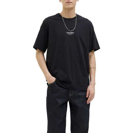 T-shirt en coton noir uni avec une coupe droite et un col rond - Image 4