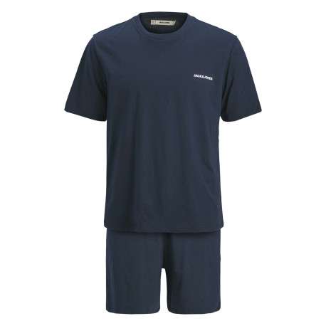 Pyjama Court en coton marine uni avec une coupe fermée et un col rond