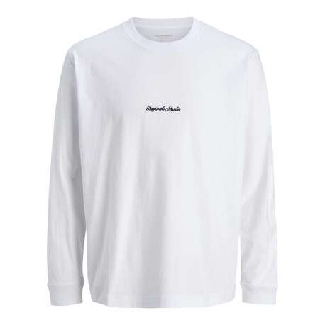 T-shirt à manches longues en coton blanc uni à coupe droite avec un col rond