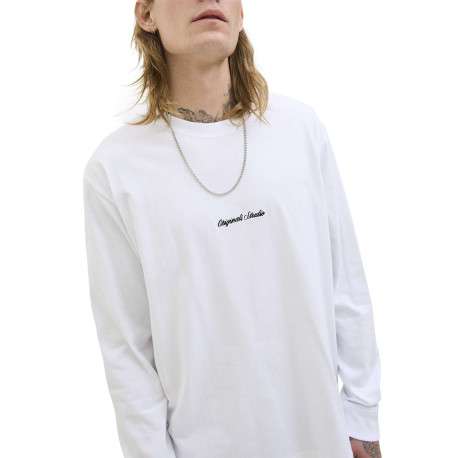 T-shirt à manches longues en coton blanc uni à coupe droite avec un col rond - Image 5