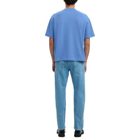 T-shirt Oscar bleu uni à coupe loose avec col rond et manches courtes - Image 4