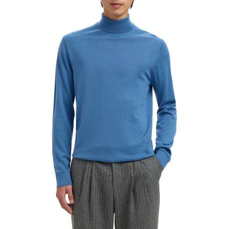 Pull en laine bleu Tray en maille fine à coupe droite et col roulé - Image 4