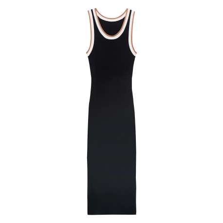 Robe longue noir unie avec une coupe droite à col rond et sans manches