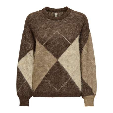 Pull brun imprimé avec une coupe droite à col rond et des manches longues