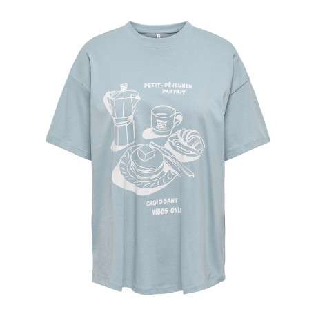 T-shirt en coton biologique bleu imprimé avec une coupe droite à col rond