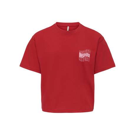 T-shirt en coton biologique rouge imprimé avec une coupe droite à col rond
