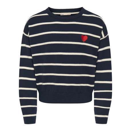 Pull marine rayé avec une coupe droite à col rond et des manches longues