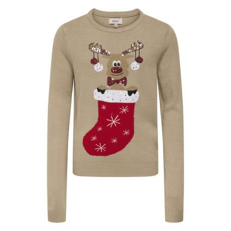 Pull camel imprimé avec une coupe droite à col rond et des manches longues