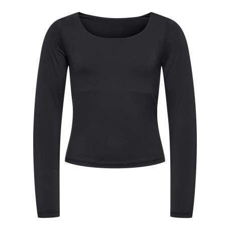 T-shirt noir uni avec une coupe droite à col rond et des manches longues