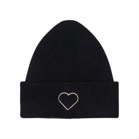Bonnet noir uni avec revers sur le bas et un cœur blanc sur le devant