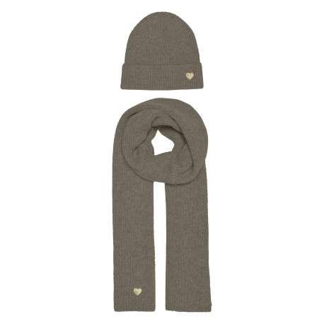 Echarpe coffret cadeau avec bonnet taupe uni et une petit cœur brodé