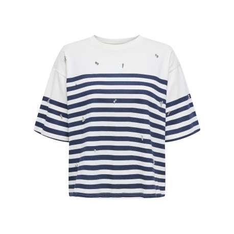 T-shirt en coton blanc rayé avec une coupe droite à col rond