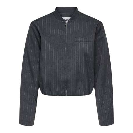 Blouson gris rayé avec une coupe droite et un col rond à zip de fermeture