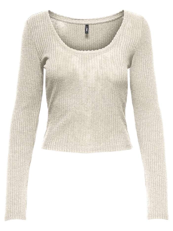 T-shirt écru uni avec une coupe droite à col rond et des manches longues