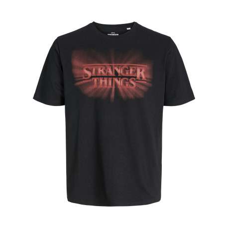 T-shirt en coton noir imprimé série à la poitrine et au dos avec un col rond