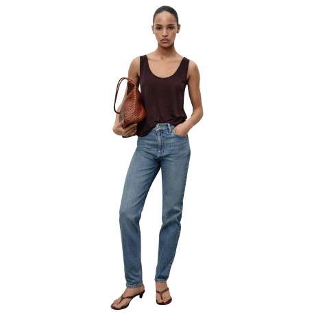Jean en coton bleu indigo légèrement délavé à coupe mom fit et à taille haute - Image 4