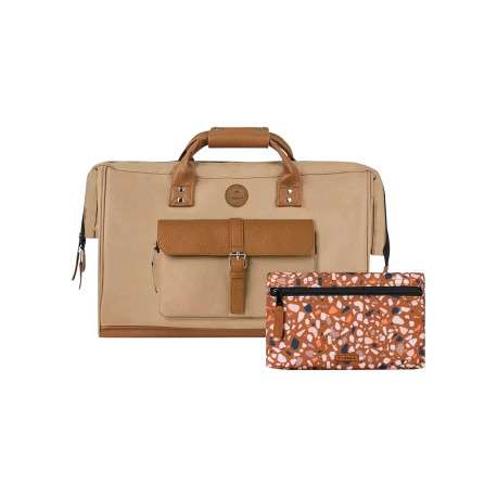 Sac weekender taupe uni avec deux pochettes et des bretelles au dos