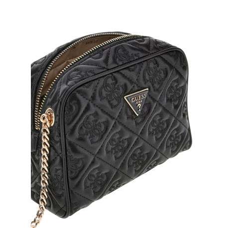 Sac noir à porté épaule avec motif monogrammes et détails dorés - Image 3