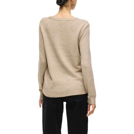 Pull beige clair en maille chinée avec un col rond en bord-côte - Image 2