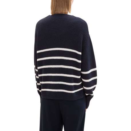 Cardigan bleu marine rayé à coupe oversize en maille épaisse - Image 2