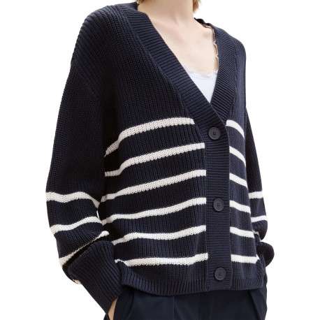 Cardigan bleu marine rayé à coupe oversize en maille épaisse - Image 3