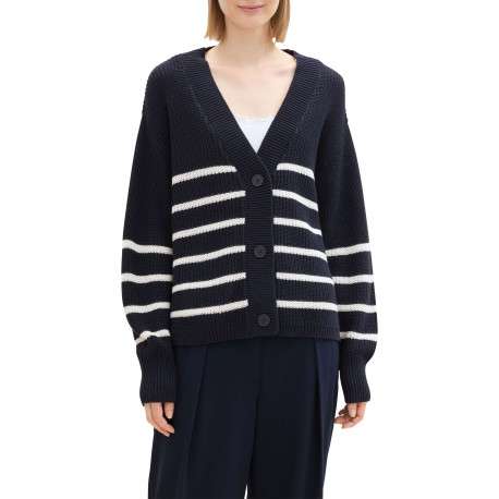 Cardigan bleu marine rayé à coupe oversize en maille épaisse - Image 4