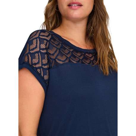 T-shirt bleu marine uni avec de la dentelle au niveau du buste et à col rond - Image 3