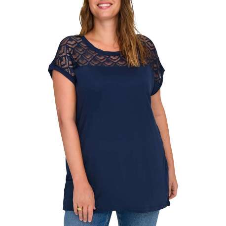T-shirt bleu marine uni avec de la dentelle au niveau du buste et à col rond - Image 4
