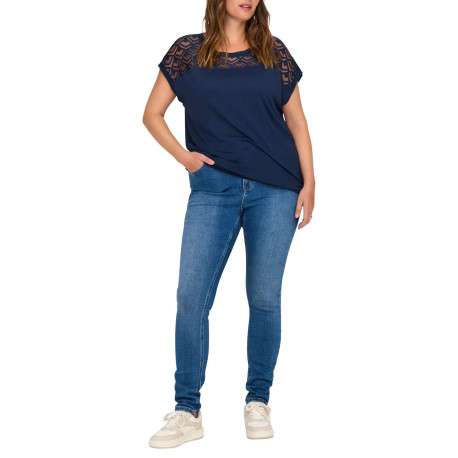 T-shirt bleu marine uni avec de la dentelle au niveau du buste et à col rond - Image 5