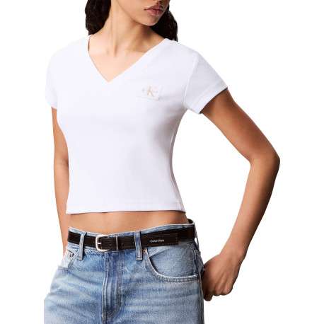 Top en coton blanc uni à col v et à coupe courte avec un patch à la poitrine