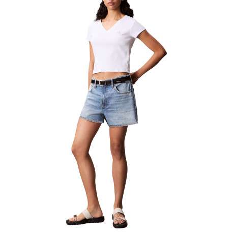 Top en coton blanc uni à col v et à coupe courte avec un patch à la poitrine - Image 4