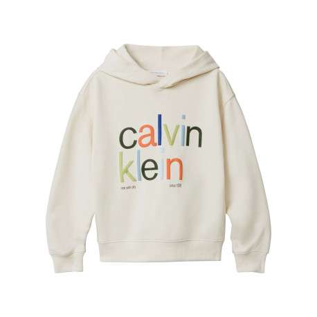 Sweat à capuche en coton écru uni à coupe droite avec le nom de la marque