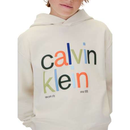 Sweat à capuche en coton écru uni à coupe droite avec le nom de la marque - Image 3