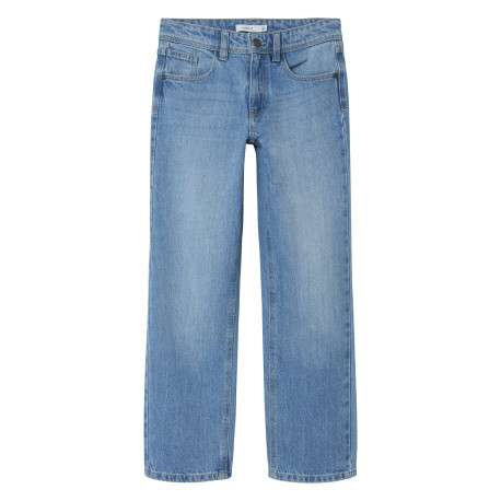 Jean bleu uni avec une coupe droite et des passants pour ceinture