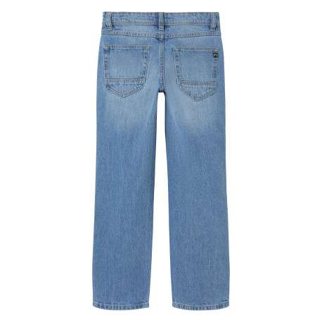 Jean bleu uni avec une coupe droite et des passants pour ceinture - Image 2