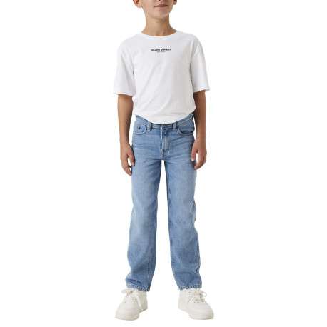Jean bleu uni avec une coupe droite et des passants pour ceinture - Image 3