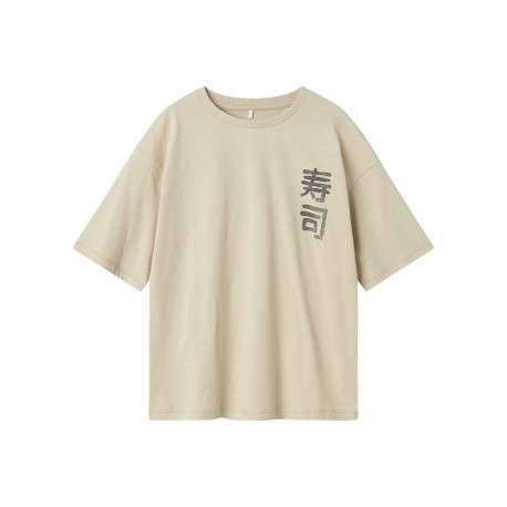 T-shirt en coton beige imprimé avec un col rond et une coupe droite