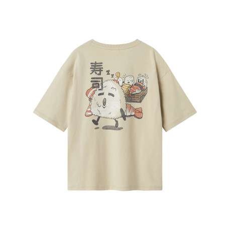 T-shirt en coton beige imprimé avec un col rond et une coupe droite - Image 2