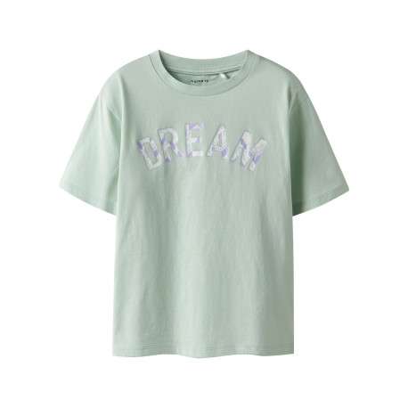 T-shirt en coton vert d'eau imprimé avec un col rond et une coupe droite