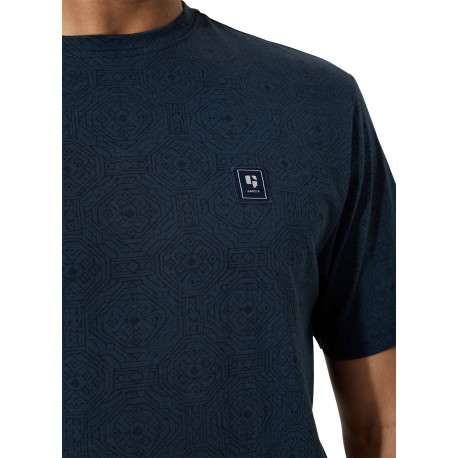 T-shirt en coton marine uni à col rond avec patch de la marque - Image 3