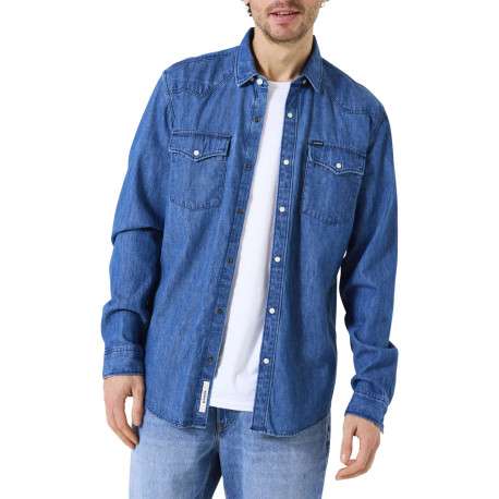 Chemise en coton bleu jean clair uni à coupe droite avec un col chemise - Image 2