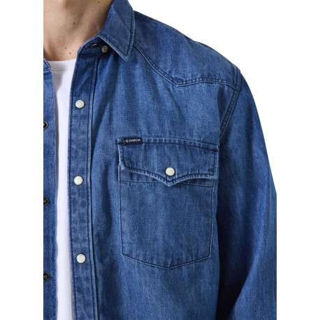 Chemise en coton bleu jean clair uni à coupe droite avec un col chemise - Image 3