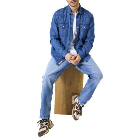 Chemise en coton bleu jean clair uni à coupe droite avec un col chemise - Image 5
