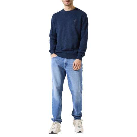 Pull en coton marine uni à coupe droite avec patch de la marque - Image 5