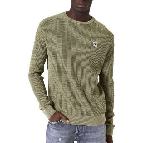 Pull en coton kaki uni en maille tricotée avec patch de la marque - Image 2