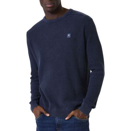 Pull en coton marine uni en maille tricotée avec patch de la marque - Image 2