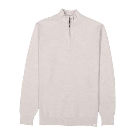 Pull en coton beige uni avec un col zippé et des manches longues