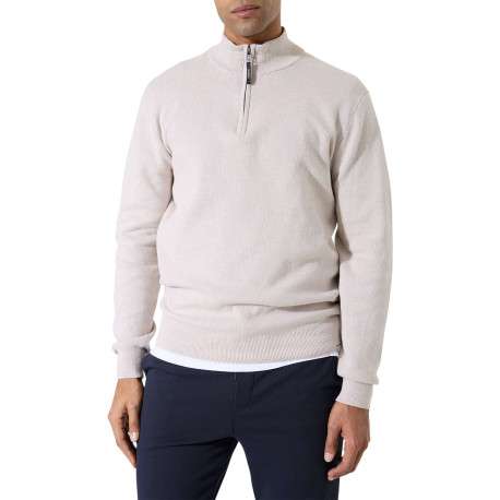 Pull en coton beige uni avec un col zippé et des manches longues - Image 2