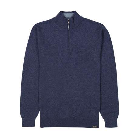 Pull en coton marine uni avec un col zippé et des manches longues